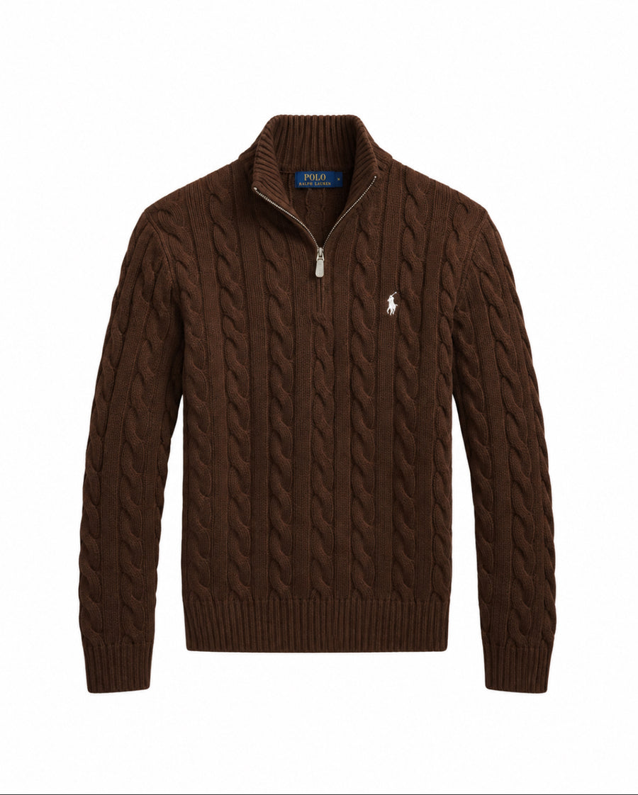 RL Cable Knit Quarter Zip - Brown
